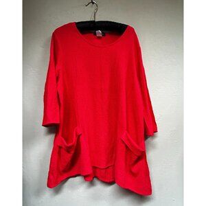 Yushi Women's 3/4 Sleeve Tunic Blouse Top XL Red Baggy Pockets Back Button